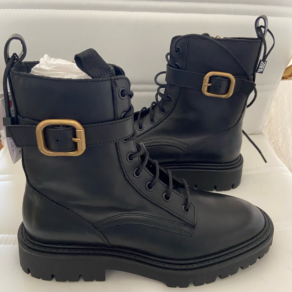 Zara Black Lace-Up Ankle Boots with Gold Buckle